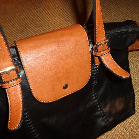 Kelly & Katie Satchel Bag Black/Tan Double Adj. Handle Straps Zip/Snap Closure - Picture 6 of 14